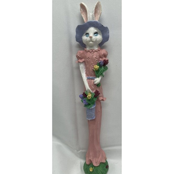 Vintage 1991 Resin Easter Bunny Rabbit Tall Thin Skinny figurine / Spring Flower - Picture 4 of 16